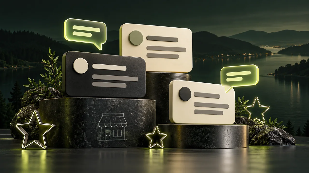 Illustrated feedback cards, glowing reply bubbles and outlined stars above a stylized local storefront.