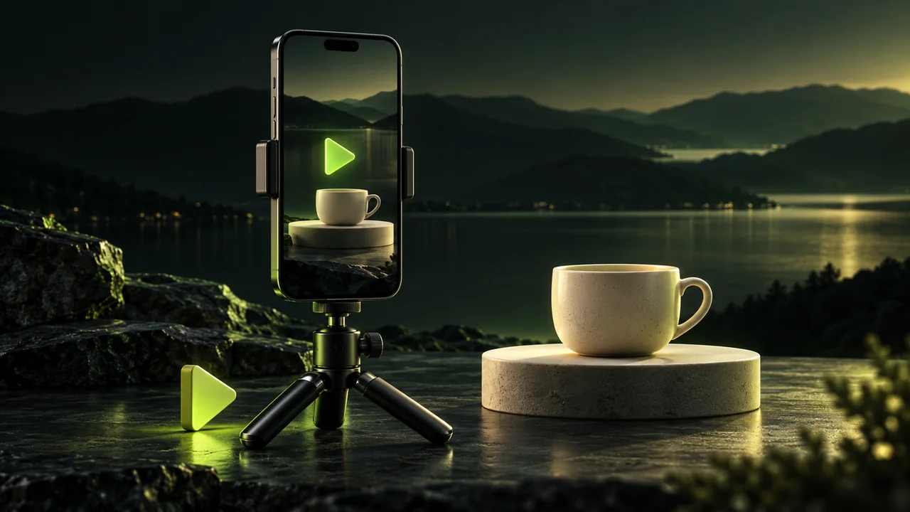 Smartphone on a tripod filming a ceramic cup, with lime play symbols and an Okanagan-inspired lake backdrop.