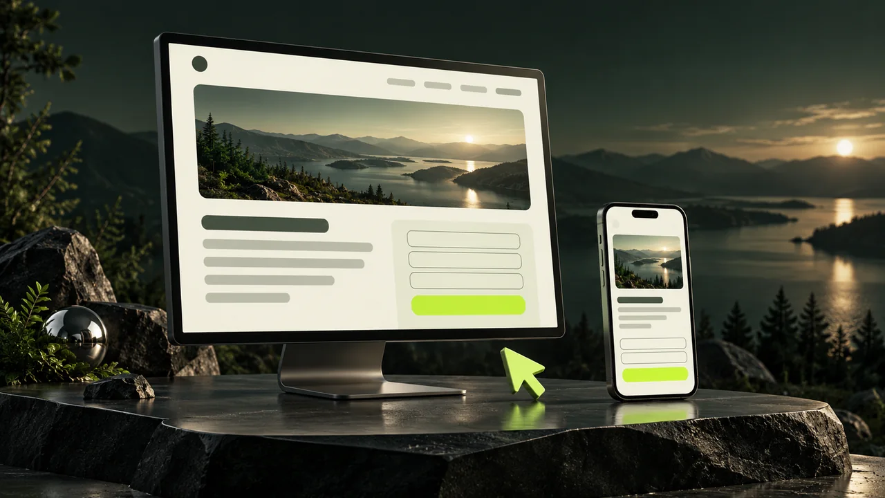 Desktop monitor and smartphone showing a service-page layout with enquiry fields and lime buttons beside a lake.