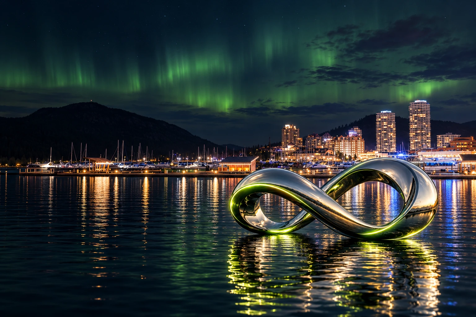 A chrome infinity sculpture reflected on Okanagan Lake, with a night skyline artwork guided by a reference of Kelowna’s actual waterfront