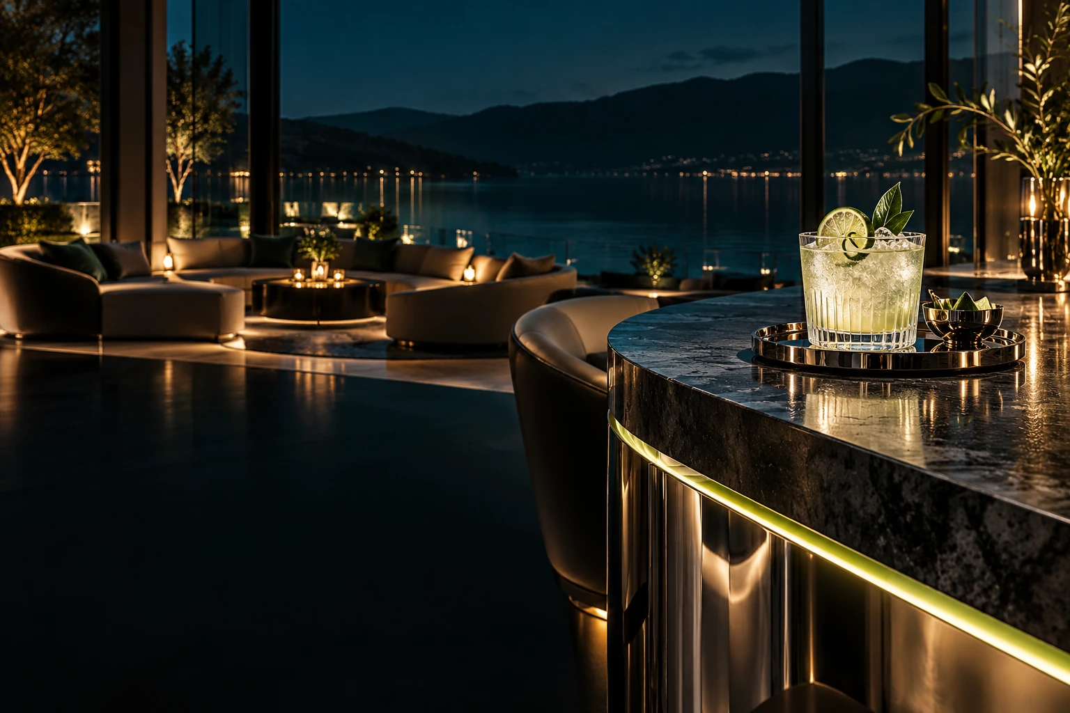 A contemporary lakeside lounge at night with chrome details, lime lighting and a citrus drink